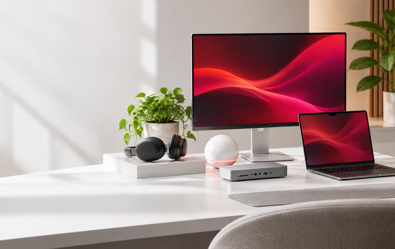 Modern workspace with monitor, laptop, USB-C dock, headphones and the Atlas assistant orb